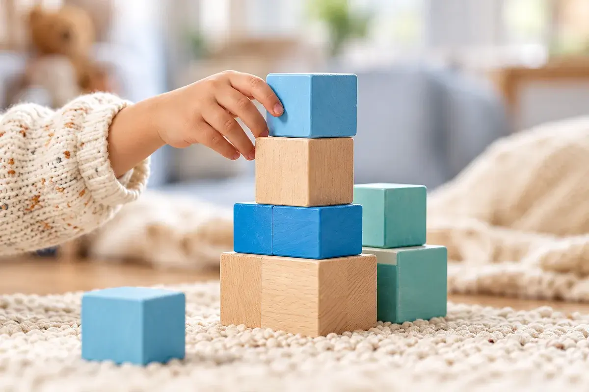 A child's hand stacking calm blue and natural wooden blocks on a soft textured rug.